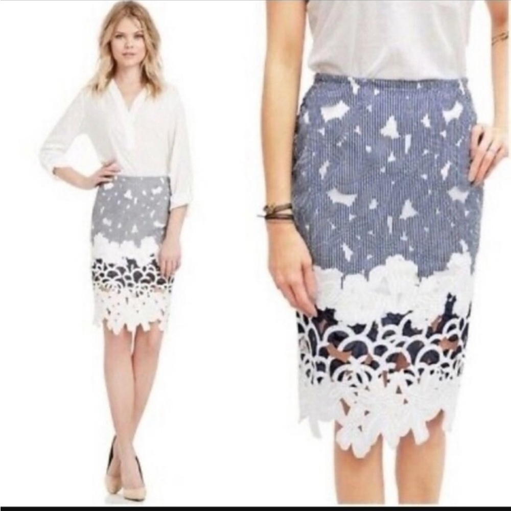 Anthro* Maeve Cut Out Floral Skirt Blue Stripes L